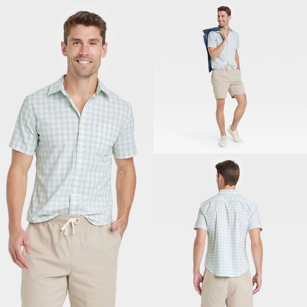 Small - Mens Short Sleeve Poplin Button-Down Shirt - Goodfellow - Mint Check